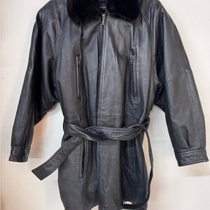 VTG Wilsons Leather Black Trench Coat Womens Large Fur Collar  Thinsulate Lining